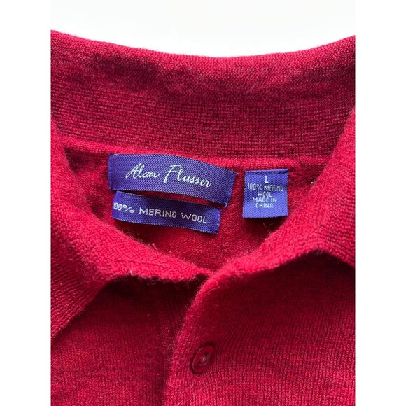 Alan Flusser 100% Merino Wool Red 3 Button Polo Sweater Men's Size L - Picture 7 of 7